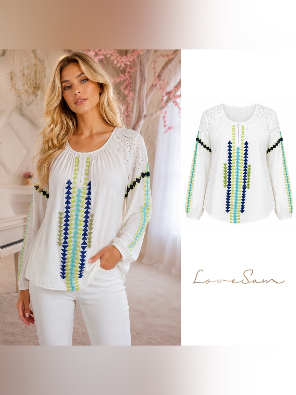 Love Sam Keyhole Peasant Bohemian Beaded Blouse